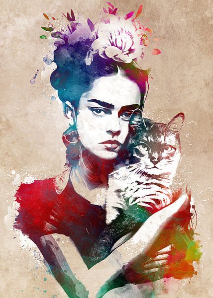 Frida and cat graphic art by JBJart Justyna Jaszke
