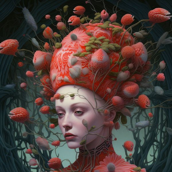 Very beautiful woman with bizarre hat and flowers by Art Bizarre