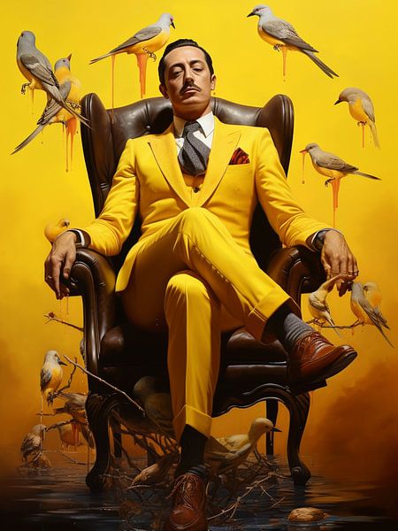 man sitting armchair birds surreal yellow eccentricity symbolism by gm_designs