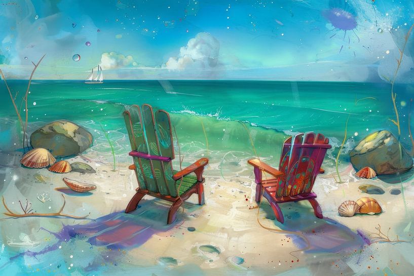 Kleurrijk schilderij met twee stoelen op het strand van Peter Pen tekeningen en schilderijen