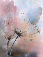 Minimalistisch en sereen aquarel schilderij: Twee Uitgebloeide paardenbloemen