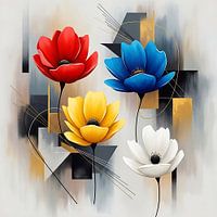 Fleurs abstraites rouges, bleues, jaunes et blanches sur fond géométrique