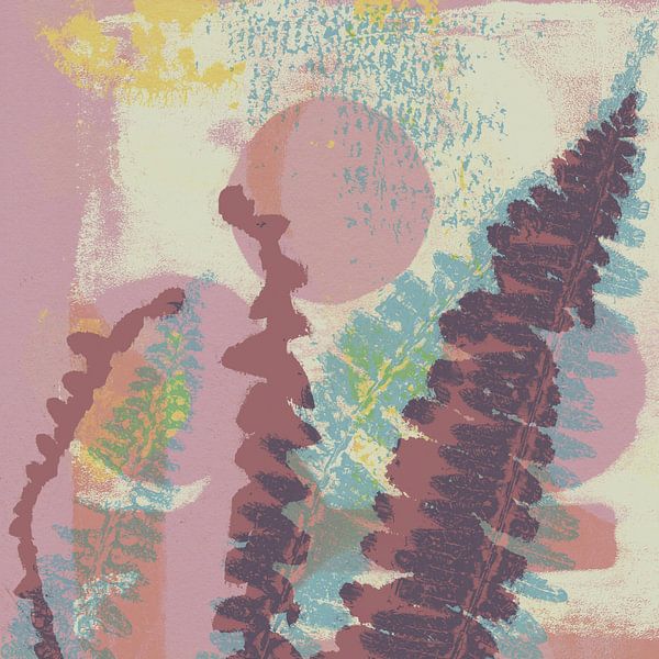 Varens in roze, blauw, geel, wit. Abstract botanisch. van Dina Dankers