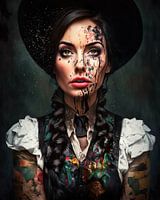 Une femme intéressante de la Forêt Noire avec beaucoup de tatouages et de couleurs. Art mural. Art mural numérique. Huile de vidange. Tableau mural décoratif. Mélange de styles.