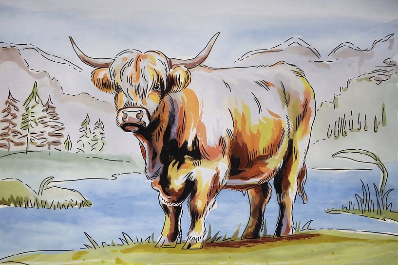 Schottische Highlander in Aquarelllandschaft von Imperial Art House
