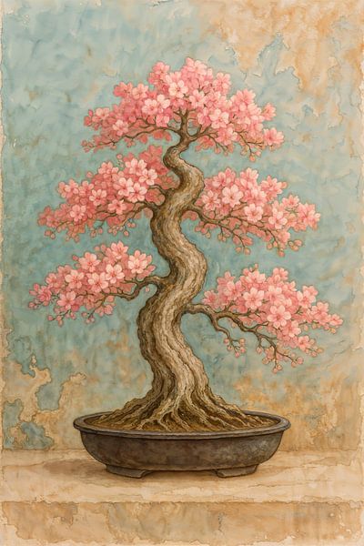 Blühender Bonsaibaum (AI) (rosa, Blüte, Industrie, Japan, Natur, Aquarell, Gemälde, Sakura) von Natalie Bruns