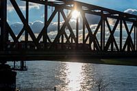 Railroad bridge in sunset with train