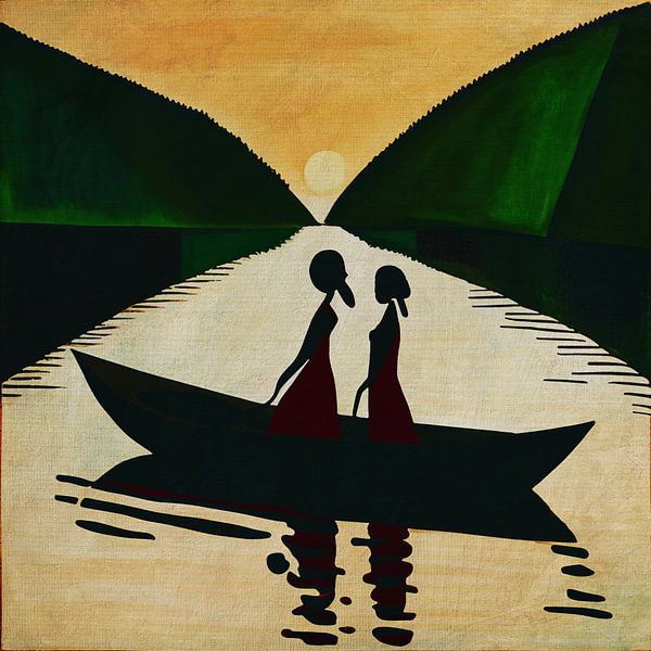 Small boat with African girls in the evening sun by Jan Keteleer