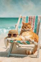 Entspannen am Strand - Katze im Sommer Gemälde