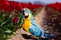 Parrot between the tulips!