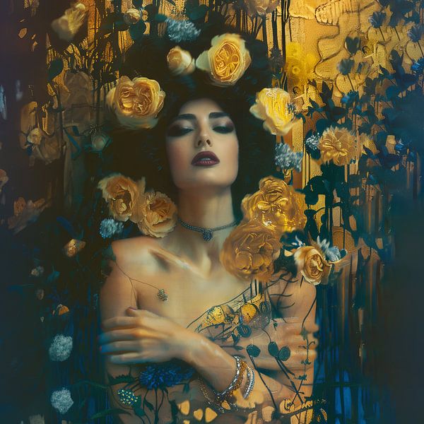 Eine mystische Schönheit, umgeben von goldenen Blumen in einer traumhaften Welt von Glitzy Fusion Frames
