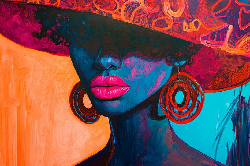 Farbintensives Porträt mit Hut und Ohrringen von Poster Art Shop