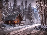 gezellig huisje tussen besneeuwde dennenbomen