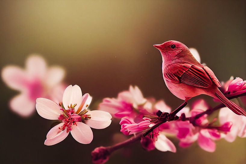 Nightingale on a cherry blossom branch in springtime by Animaflora PicsStock