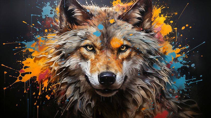 Painting of a wolf's face with colourful splashes of paint by Animaflora PicsStock