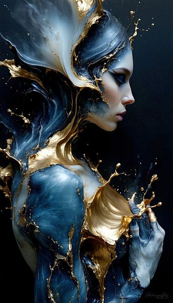 Sinnliche Sehnsucht – Erotische Frau im Schwebezustand zwischen Körper und Licht: Fragment einer Seele aus fließendem Marmor und goldenem Glanz von AidasignArt