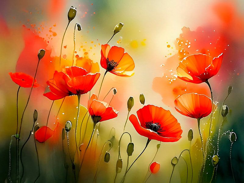 Peinture atmosphérique de coquelicots au soleil par Studio Pieternel