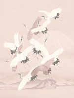 Japanese Flying Crane Birds on misty pink mountains