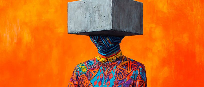 Kreative Figur mit Blockkopf vor Farbenspiel von Poster Art Shop