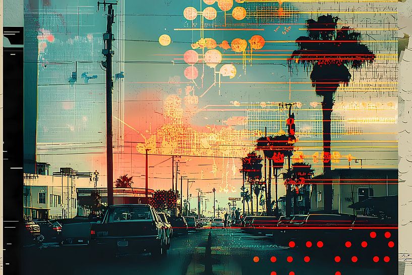 Stylish retro poster with graphic elements and dots. Evening city. by Ariadna de Raadt-Goldberg