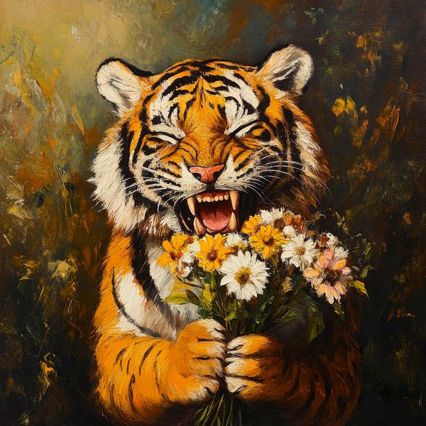 Smiling tiger with flowers by Poster Art Shop