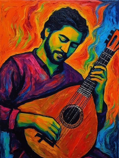 Man speelt luit in abstracte levendige van MIROKKU