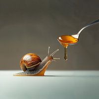 Süß wie Honig | Anziehungskraft. Surreale Interaktion zwischen einer zierlichen Schnecke und einem Löffel Honig.