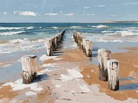 Wooden stakes on the North Sea beach