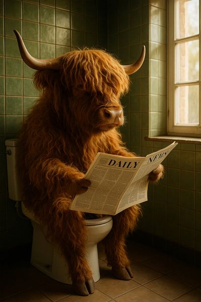 Schottischer Highlander in Ruhe - Lesen auf der Toilette von But First Framing