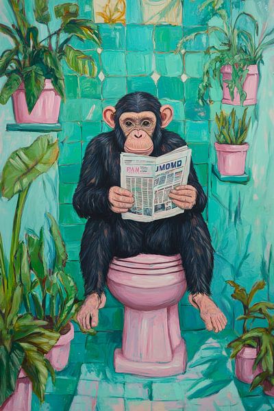 Aap leest krant in de badkamer van Poster Art Shop