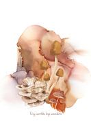 Impression numérique aquarelle avec champignons et texte "Tiny worlds, big wonders&quot ;