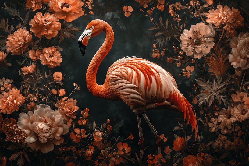 Flamingo in Floral Field Elegant Mystique by Eva Lee