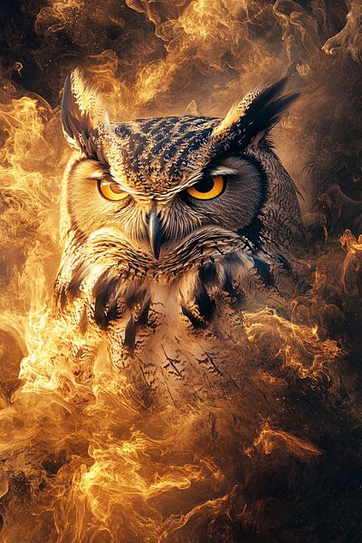 Owl surrounded by flames by Art & Soul Creations