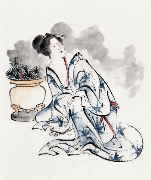 Japanese art. Japanese woman by Katsushika Hokusai. Vintage ink painting by Dina Dankers