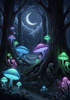Glühende Pilze in einem Wald bei Nacht mit Mondsichel und Sq