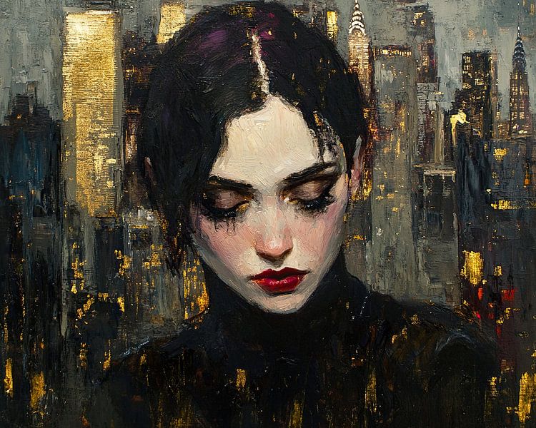 Femme paysage urbain | Regard de minuit par Peintures accrocheuses