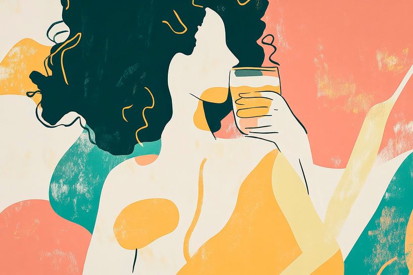 Frau mit Getränk in bunten Farben von Poster Art Shop