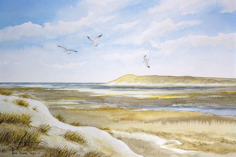 Vue de la réserve naturelle De Slufter sur Texel - paysage de dunes aquarelle - Hans Sturris par Galerie Ringoot