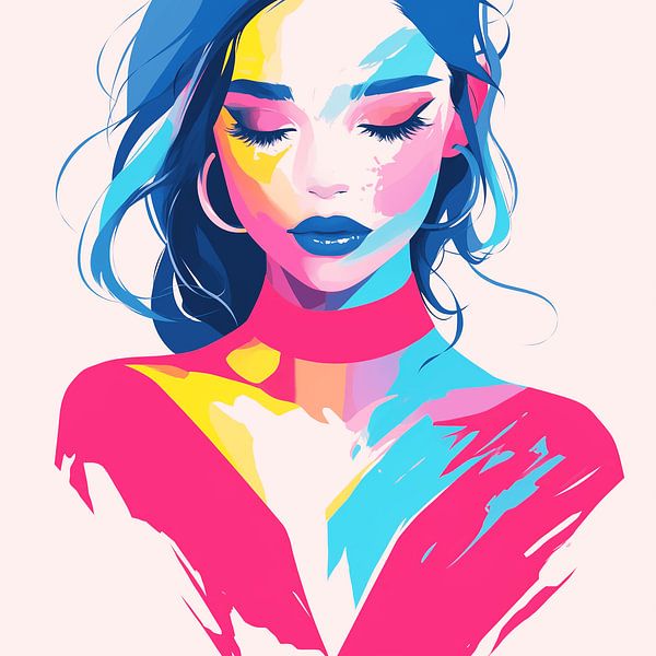Abstraktes Neon-Frauenporträt - bunte Wanddekoration im Pop-Art-Look von Karina Brouwer