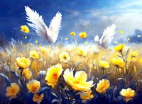 White birds over yellow flowers