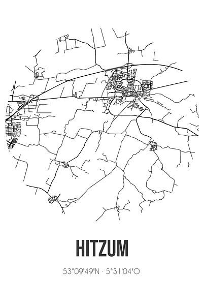 Hitzum (Fryslan) | Carte | Noir et blanc par Affiches de lieux