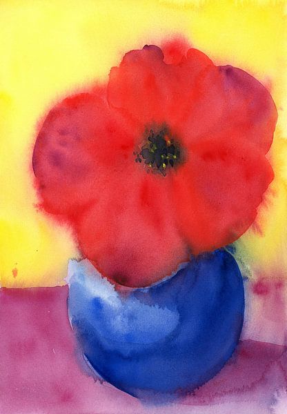 Big red flower in a blue vase by Karen Kaspar