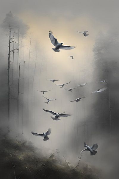 Vögel im verlassenen Wald Gemälde von ComfortQ