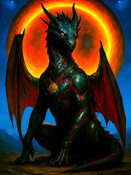 Gardien de dragon mystique vert et rouge au portail par A.D. Digital ART