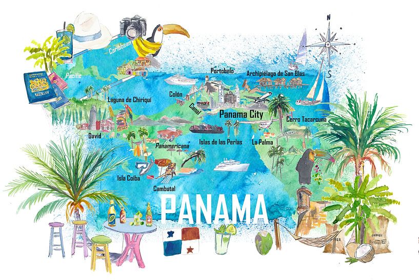 Panama Illustrierte Reisekarte mit touristischen Highlights und Panamericana von Markus Bleichner