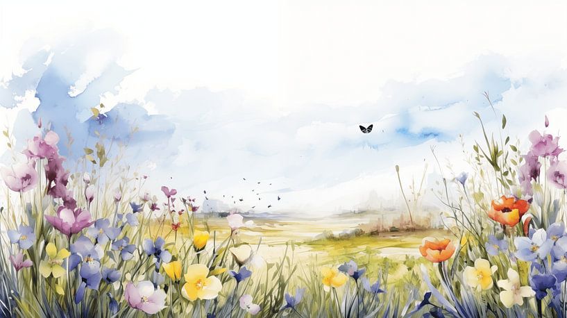 Spring meadow with flowers in watercolour art design by Animaflora PicsStock