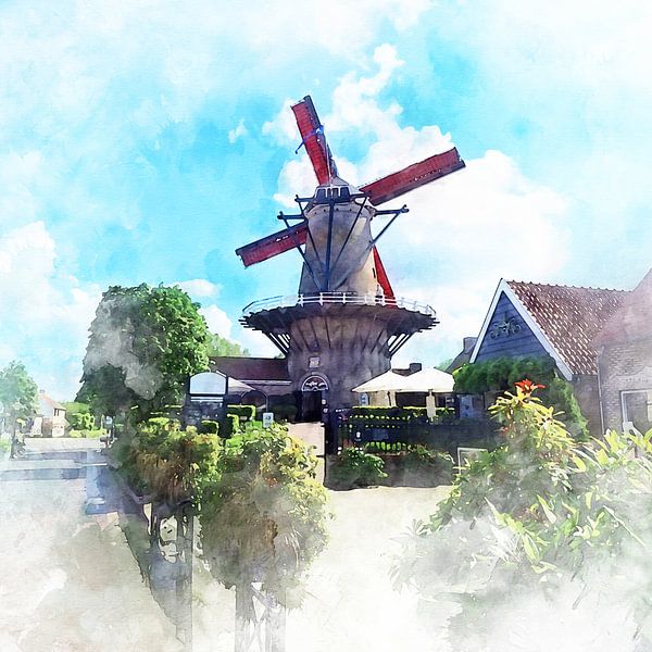 Aquarell der Sluis-Mühle, Zeeland-Flandern von Danny de Klerk