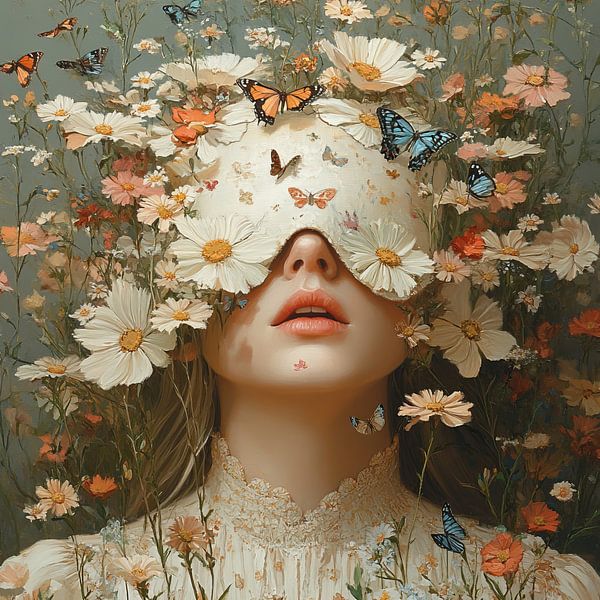 Blumen Schmetterlinge | Weiße Blumen Frau Porträt von Blickfänger Gemälde