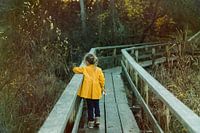 Lonely girl going away on the wooden bridge
