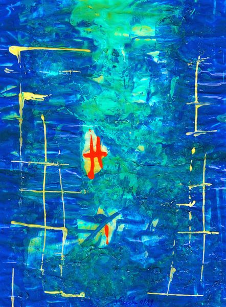 Blue abstraction with orange strokes and bright lattice by Johann Bucher